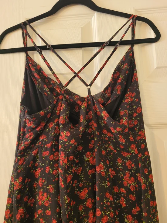 Wild Fable Black Dress with Red Floral Print, Asymmetrical Hem - Picture 4 of 6